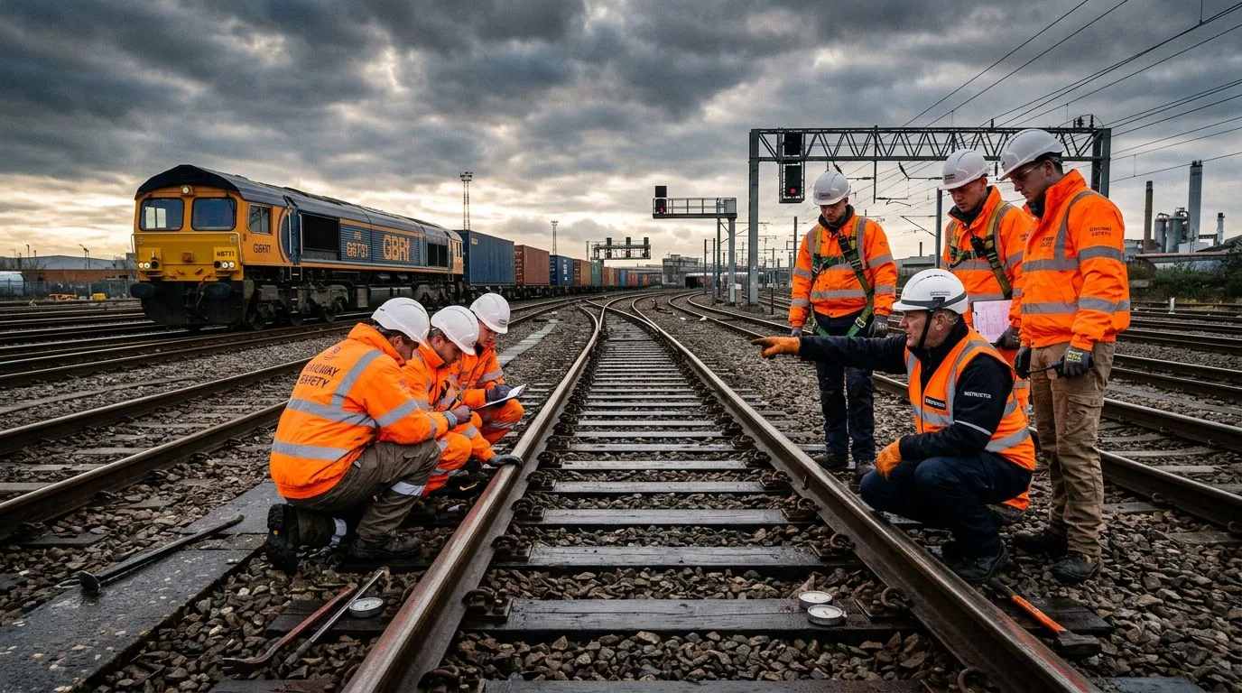 Stagiaires en gilet orange en pleine formation à la sécurité ferroviaire sur les voies