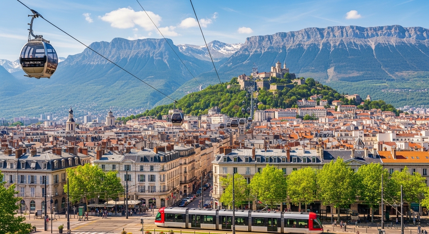 Vue panoramique de Grenoble avec les Alpes en arrière-plan et les télécabines
