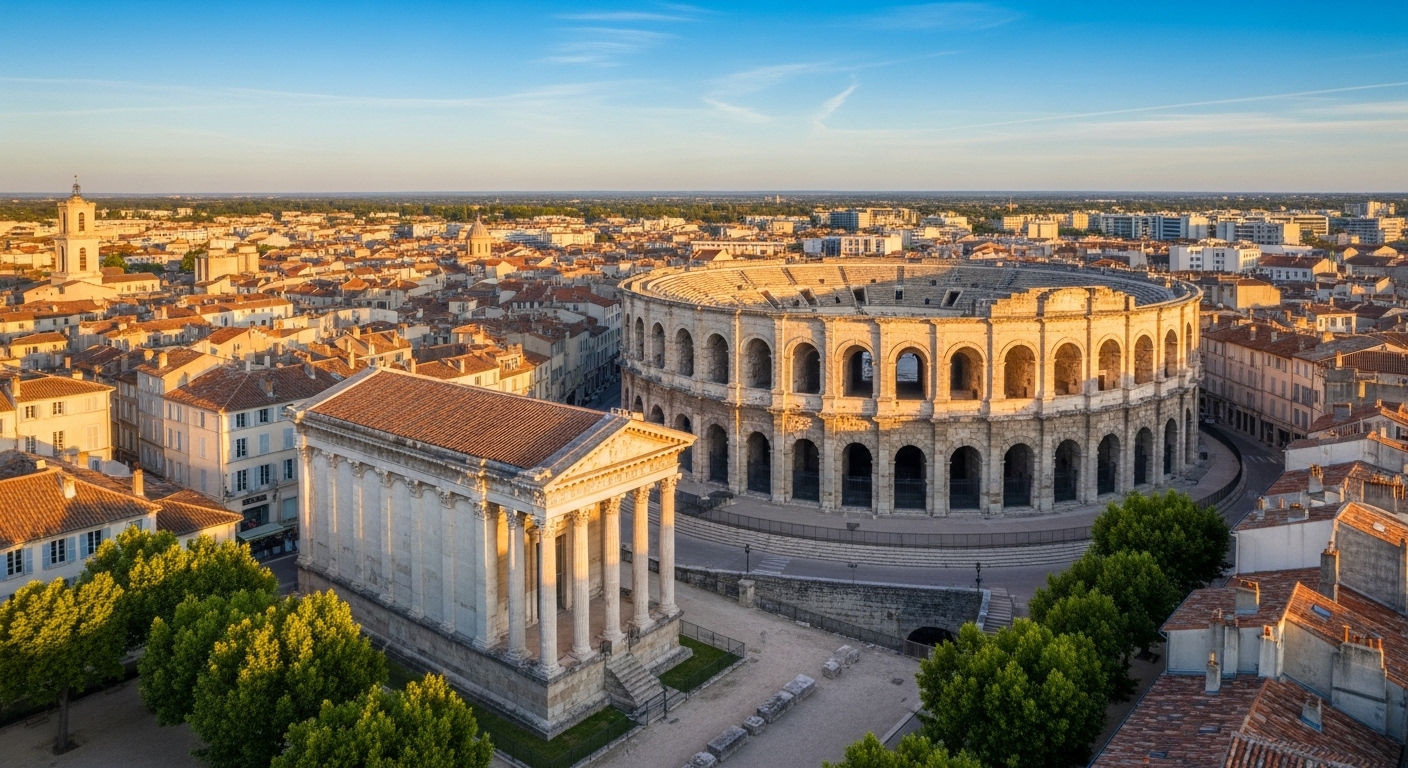 Vue panoramique de Nîmes avec les arènes romaines