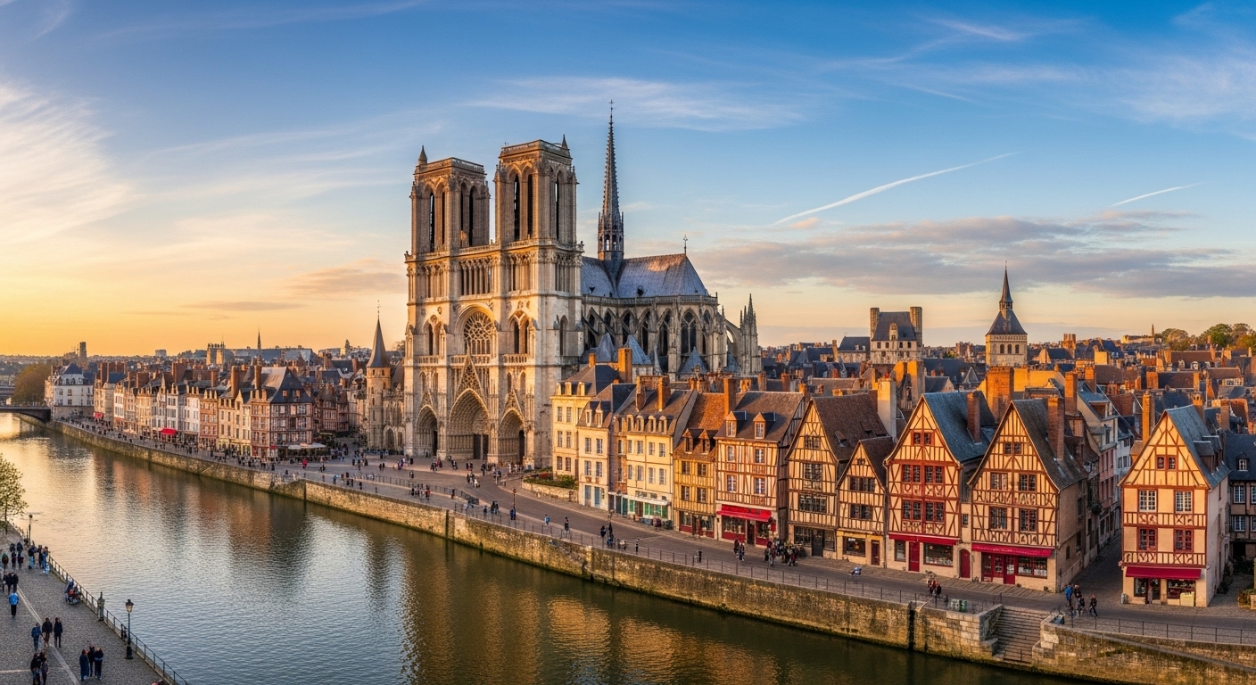 Vue panoramique de Rouen avec la cathédrale gothique et la Seine